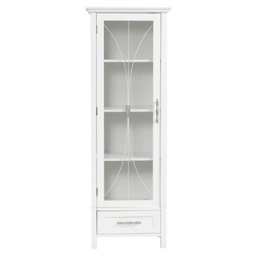Teamson Home Delaney Tall Narrow Linen Tower with Glass Door, 3 Adjustable Shelves & Drawer - White Teamson Home