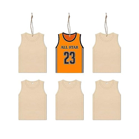 Creaides 20pcs Jersey Wood DIY Crafts Cutouts Wooden Basketball Jersey Shaped Hanging Ornaments Whit Ropes Gift Tags for DIY Projects Sport Themed Creaides