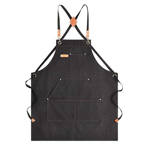 Aoomzoon Canvas Aprons for Men Chef Apron, Work Apron with Large Pockets - Durable 16oz Heavy Duty Cross Back, BBQ, Cooking (Black②, 1 Pack) Aoomzoon