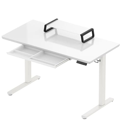 SHW 48-Inch Glass Electric Height Adjustable Desk with Monitor Riser and Drawer, White - WoodArtSupply