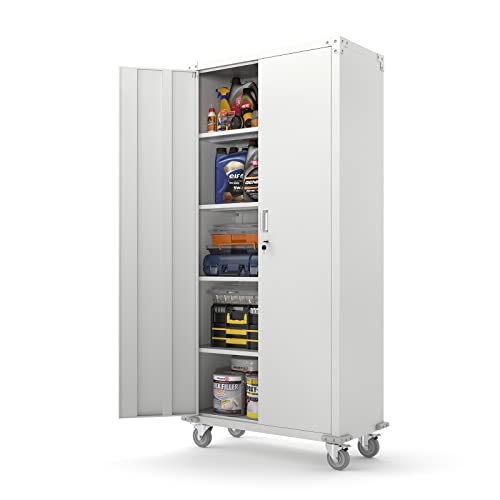 VINGLI 72" Tall Metal Storage Cabinets with Doors and 4 Adjustable Shelves for Garage, Office, Classroom, Laundry&Utility Room with Wheels, Grey, 32W - WoodArtSupply