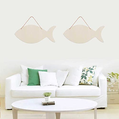 6pcs Fish Wood Signs DIY Crafts Cutouts Wooden Fish Shaped Hanging Signs Ornaments with Twines for Wedding Birthday Party Decorations