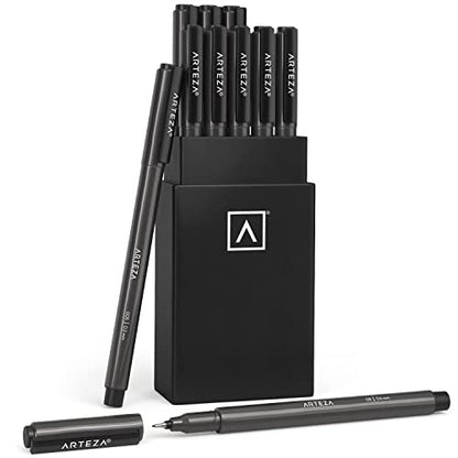 ARTEZA Micron Pens, Set of 10 Black Ink Archival Fineliners, Quick-Dry, Assorted Sizes Calligraphy Pens (from 0.2mm to 7.9mm), Smudge-Proof