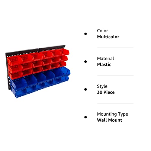 Wall-Mounted Garage Storage Bins - 30 Compartments for Garage Organization, Craft Supply Storage, Tool Box Organizer Unit by Stalwart (Red/Blue) Stalwart