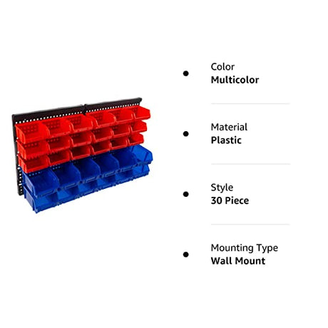 Wall-Mounted Garage Storage Bins - 30 Compartments for Garage Organization, Craft Supply Storage, Tool Box Organizer Unit by Stalwart (Red/Blue) Stalwart