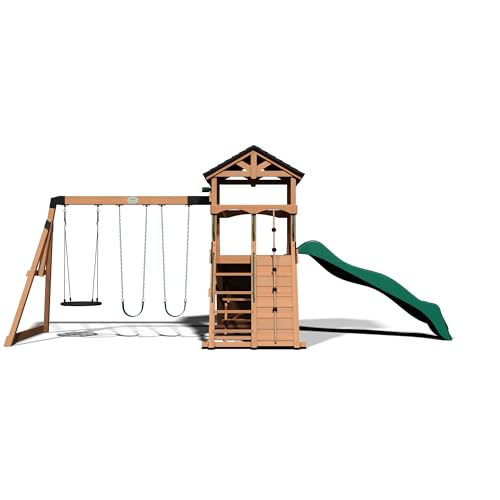 Backyard Discovery Endeavor II All Cedar Wood Swing Set Playset for Backyard with Wave Slide Climbing Wall with Rope Picnic Table Double Wide Rock Backyard Discovery