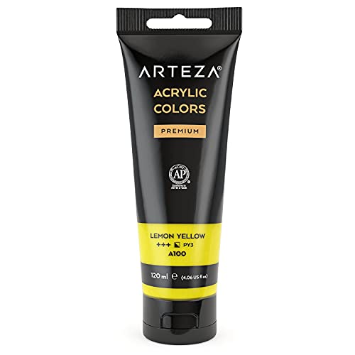 ARTEZA Acrylic Paint, Lemon Yellow Color, (120 ml Pouch, Tube), Rich Pigment, Non Fading, Non Toxic, Single Color Paint for Artists & Hobby Painters