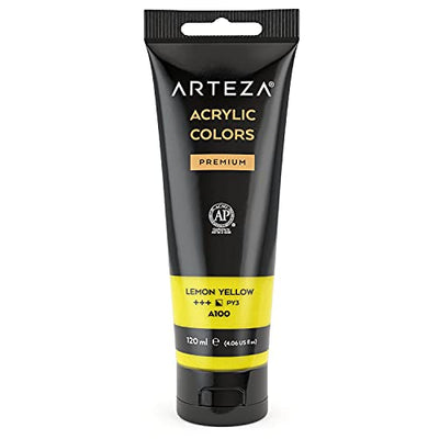 ARTEZA Acrylic Paint, Lemon Yellow Color, (120 ml Pouch, Tube), Rich Pigment, Non Fading, Non Toxic, Single Color Paint for Artists & Hobby Painters