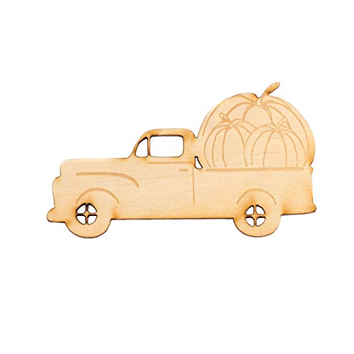 Pack of 12 Unfinished Wood Fall Pickup Trucks - Made in USA - Harvest Pumpkin Truck Wooden Shapes for Autumn, Thanksgiving Halloween, Decorations, Factory Direct Craft