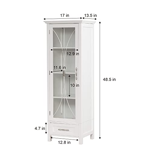 Teamson Home Delaney Tall Narrow Linen Tower with Glass Door, 3 Adjustable Shelves & Drawer - White Teamson Home