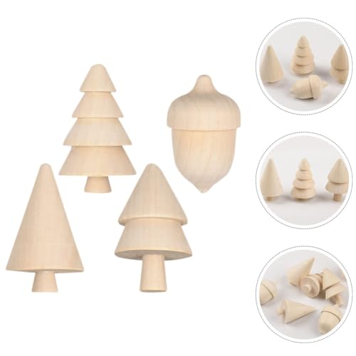ABOOFAN Unfinished Wooden Figurines 3pcs Mini Wooden Christmas Tree and 1pc Unfinished Wood Acorn Unpainted Blank Figurines Wood Trees Peg People for ABOOFAN
