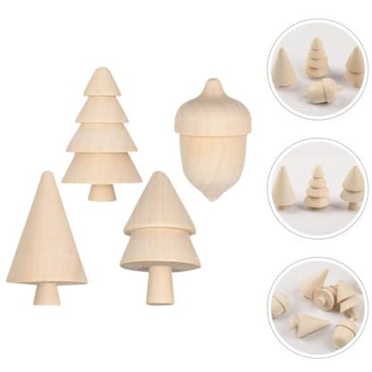 ABOOFAN Unfinished Wooden Figurines 3pcs Mini Wooden Christmas Tree and 1pc Unfinished Wood Acorn Unpainted Blank Figurines Wood Trees Peg People for