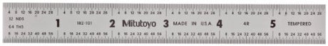 Mitutoyo 182-101, Steel Rule, 6" (4R), (1/8, 1/16, 1/32, 1/64"), 3/64" Thick X 3/4" Wide, Satin Chrome Finish Tempered Stainless Steel Mitutoyo
