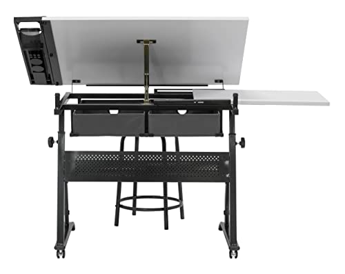 SD STUDIO DESIGNS Core 2 Pc Craft Center-35.5" W Angle Adjustable Cloth Drawers, Side Shelf and Stool Drafting Table, Gunmetal Gray/White - WoodArtSupply