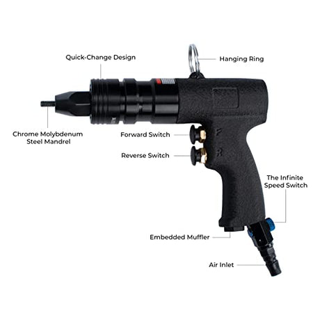 INPANOLS Air Rivet Nut Tool Kit, Pneumatic Rivnut Gun with 1/4'', 5/16'' & 3/8'' Mandrels INPANOLS