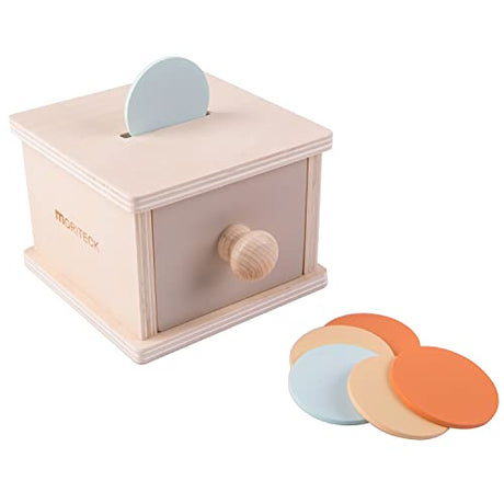 MORITECK Montessori Coin Box and Object Permanence, Wood Drawer with 3 Colors Coin Toy for 8-12 Months and up Baby, Infant Developmental Coin Drop MORITECK