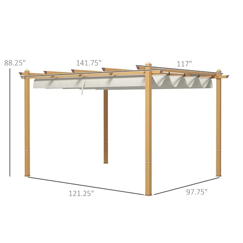 Outsunny 10' x 12' Retractable Pergola Canopy, Wood Grain Aluminum Pergola, Outdoor Sun Shade Shelter for Grill, Garden, Patio, Backyard, Deck, Cream Outsunny