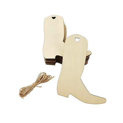 32 Pieces Wooden Cowboy Boots Tags Unfinished Wood Hanging Cowboy Boots Tags Natural Blank Wooden Cutouts Labels DIY Wooden Tags with Ropes