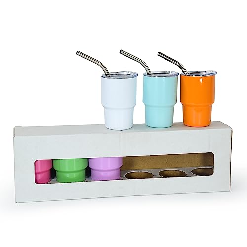 AGH 3 oz Mini Tumbler Shot Glass with Straw and Lid Colored Stainless Steel Sublimation Tumblers Double Wall Vacuum Insulated Cups, 6 Pack AGH