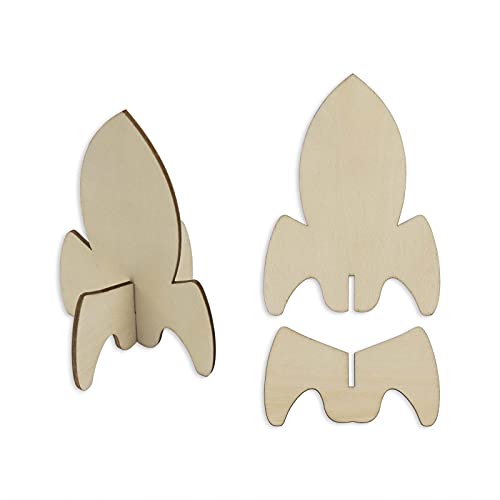JANOU 12 Sets Rocket 3D Wood Tabletop Cutouts Unfinished Wooden Stand Up DIY Craft for Outer Space Birthday Baby Shower Decoration JANOU