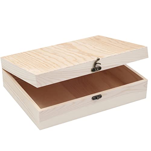 VIKOS Products Unfinished Wooden Box with Hinged Lid for Crafts DIY Storage Jewelry Pine Box - 12" x 9" x 3.35"