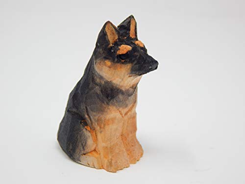 German Shephard Dog Puppy Figurine - Miniature 2 Inch Wood Carving Handmade Home Decor Small Animal Garden Statue Pet Canine Hound Selsela