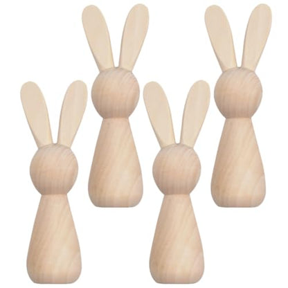 ABOOFAN Unfinished Wooden Bunny,4pcs Blank Wood Rabbit Peg Doll Figure Cutout Table Statue Model Desktop Centerpiece for Kids DIY Painting Home