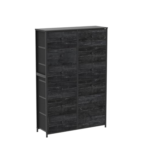 EnHomee Tall Dressers for Bedroom, 12 Drawer with Wooden Top and Metal Frame, Fabric Dresser & Chest of Drawers for Closet Living Room, Black Wood EnHomee