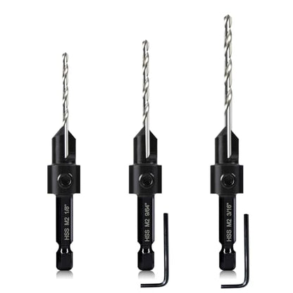 3-pc Countersink Drill Bit Set #10#12#16, 3in1 Woodworking Counterbore Hole Saw Drill Bits, Depth Adjustable M2 Pilot Drill Bits, 82-Degree Chamfer, - WoodArtSupply