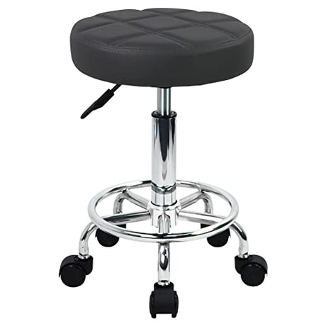 WKWKER Round Rolling Stool with Footrest PU Leather Height Adjustable 360° Swivel Stool with Wheels Office Stool Chair Home Drafting Work Studio Shop WKWKER