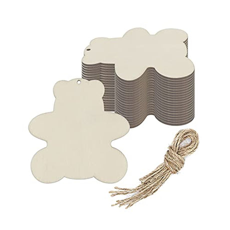 Creaides 20pcs Bear Wood DIY Crafts Cutouts Blank Wooden Bear Shaped Hanging Ornaments with Hole Hemp Ropes Gift Tags for Halloween Thanksgiving Creaides