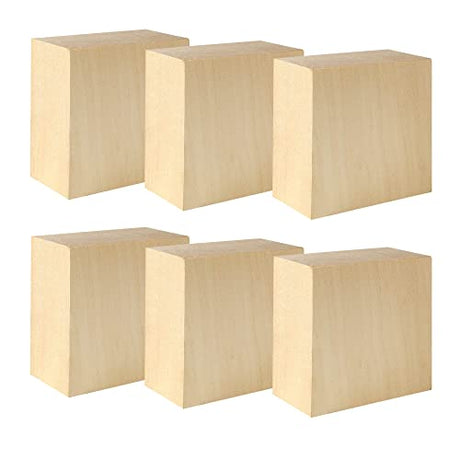 6 Pack Unfinished Wood Blocks for Crafting, 4x4x2 Inch Squares Basswood Blocks for Carving, Wood Blocks for Crafts, Basswood Carving Blocks for KEJJNYER