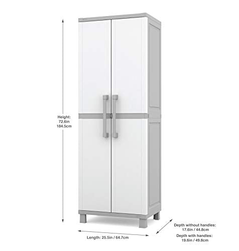 Keter Storage Cabinet with Doors and Shelves for Tool, Home Organization,Large, White & Grey Keter