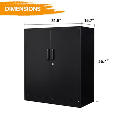 STANI Metal Storage Cabinet with 2 Adjustable Shelves, Steel Counter Cabinet with Lockable Doors for Home Office (Black) STANI