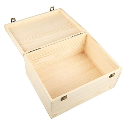Frcctre Extral Large Unfinished Wooden Box, 13 x 10 x 6.5 inch Natural Unfinished Pine Wood Box with Hinged Lid and Front Clasp for DIY Craft Art