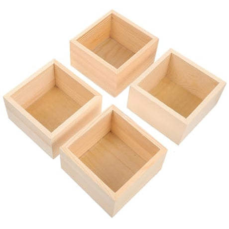 Yardwe 4Pcs Wooden Box, Unfinished Small Square Wooden Box, Rustic Wooden Box, Organizer Container for DIY Crafts, Collectibles, Succulents, Desktop Yardwe