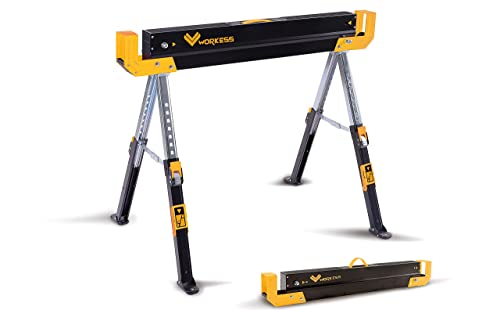 WORKESS Saw Horses 2 Pack Folding, 2600 Lbs Load Capacity & 24-32 Inch Adjustable Height Heavy Duty Sawhorse Table with 2x4 Support Arms, Portable WORKESS
