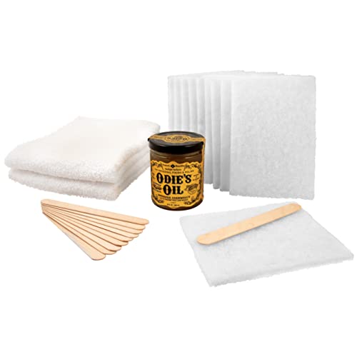 Odie’s Oil Starter Kit with Odies Oil 9 Ounce Jar • 10 Non-Woven White Applicator Pads • 2 Terry Cloth Buffing Towels and 10 Wooden Stirring Sticks - WoodArtSupply