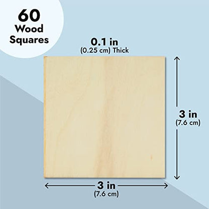 60 Pack Unfinished Wood Pieces 3x3 Inch, Blank Wooden Squares for Crafts, Cutout Tiles for DIY Coasters, Painting, Engraving
