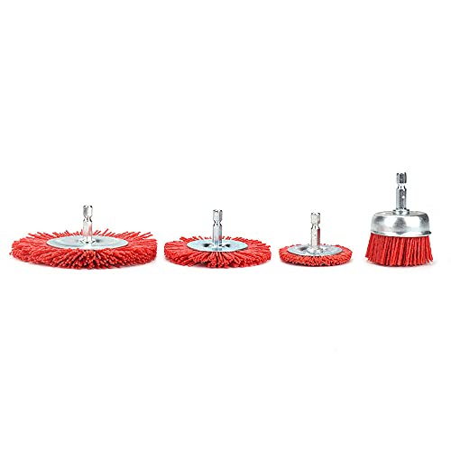 KUOFU 4 Pack Nylon Filament Abrasive Wire Brush Polishing Wheel with 1/4" Hex Shank Surface Cleaning Rust Removal Red 120# - WoodArtSupply