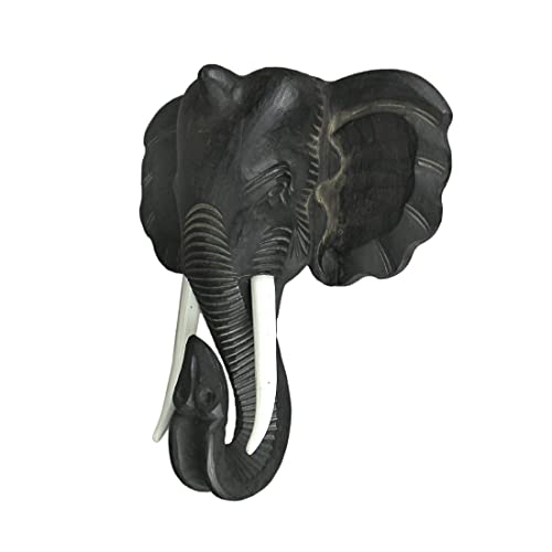 Zeckos Majestic African Elephant Head Wall Sculpture: Hand-Carved Black Wood Artistic Statue - Artisan Crafted Safari Style Decor Masterpiece - 19