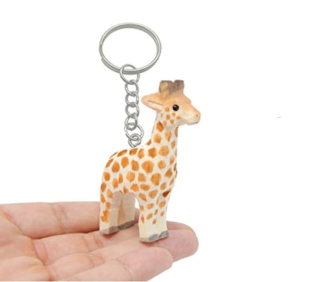 Selsela Giraffe Safari Zoo Keychain Ring Clip Charm Miniature Wood Mini Figurine Small Animal Selsela