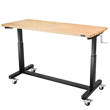 WORKPRO 60” Height Adjustable Work Table with Crank Handle and Casters, 60” x 24” Wooden Top Standing Desk Workbench, Heights from 29”-38”, 500 Lbs WORKPRO