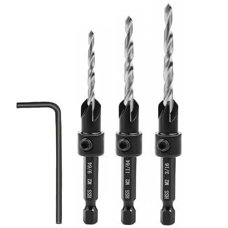 AIMLENTOOL Countersink Drill Bit Set, 3PCS Tapered Drill Bits, M2 Countersink Set with 1/4" Hex Shank Quick Change and 1 Allen Wrench for AIMLENTOOL
