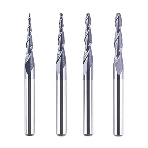 SpeTool 4Pcs/Pack Assorted R0.25~1.0 Tip 1/8" Tapered End Mill Cone Ball Nose Carbide Bit CNC Cutter for Carving Engraving SpeTool