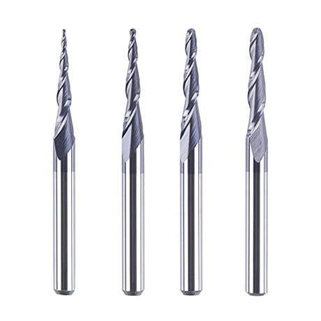 SpeTool 4Pcs/Pack Assorted R0.25~1.0 Tip 1/8" Tapered End Mill Cone Ball Nose Carbide Bit CNC Cutter for Carving Engraving SpeTool