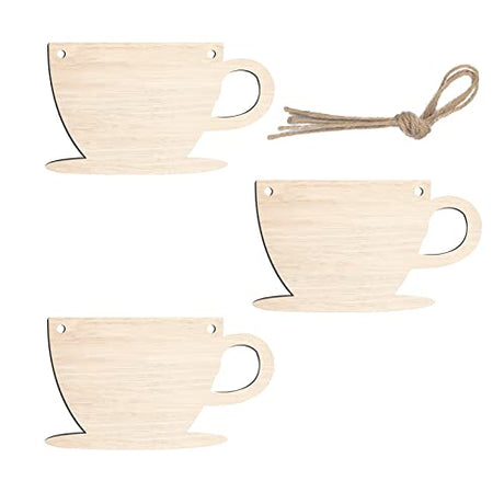3Pack Cup Wood Sign for Craft Blank Unfinished Hanging Wooden Board with Hole DIY Door Wall Decor Shop Coffee Decoration Lamantery