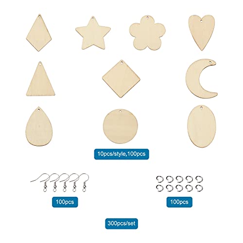 Craftdady 100pcs Unfinished Wooden Earring Blanks Rhombus Teardrop Oval Triangle Circle Flower Pendants Charms with 100pcs Earring Hooks & Jump Rings - WoodArtSupply