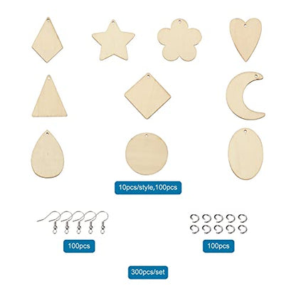 Craftdady 100pcs Unfinished Wooden Earring Blanks Rhombus Teardrop Oval Triangle Circle Flower Pendants Charms with 100pcs Earring Hooks & Jump Rings