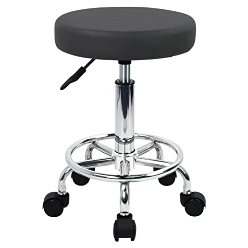 WKWKER Round Rolling Stool with Footrest PU Leather Height Adjustable 360° Swivel Stool with Wheels Office Stool Chair Home Drafting Work Studio Shop WKWKER